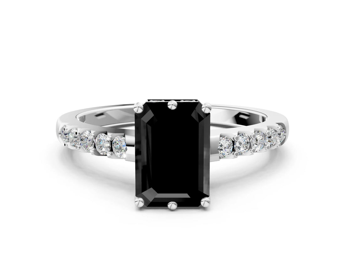 White gold Fancy Black Emerald Cut Solitaire Diamond Engagement Ring with Pavé Band and Six-Prong Setting_24