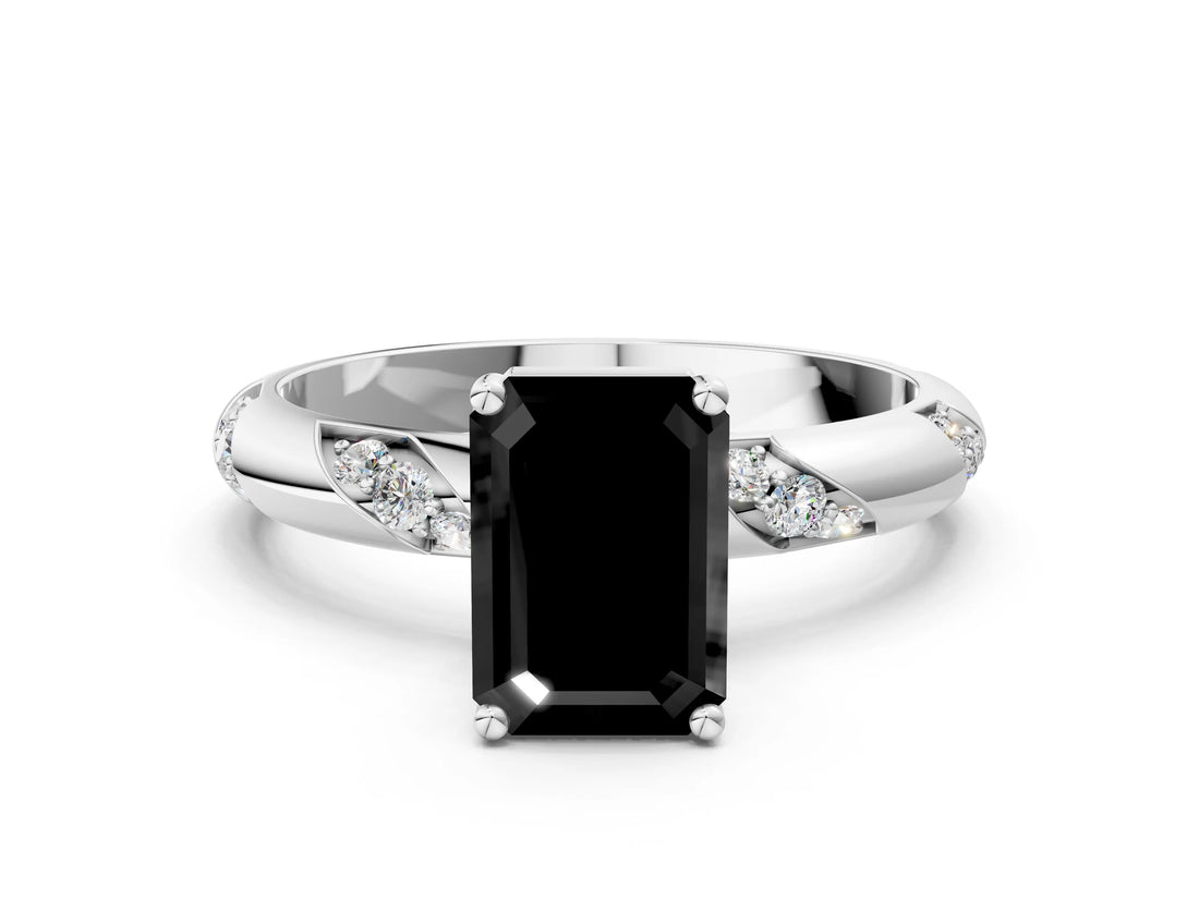 White gold Fancy Black Emerald Cut Solitaire Diamond Engagement Ring with Twisted Pave Band and Four-Prong Setting_19
