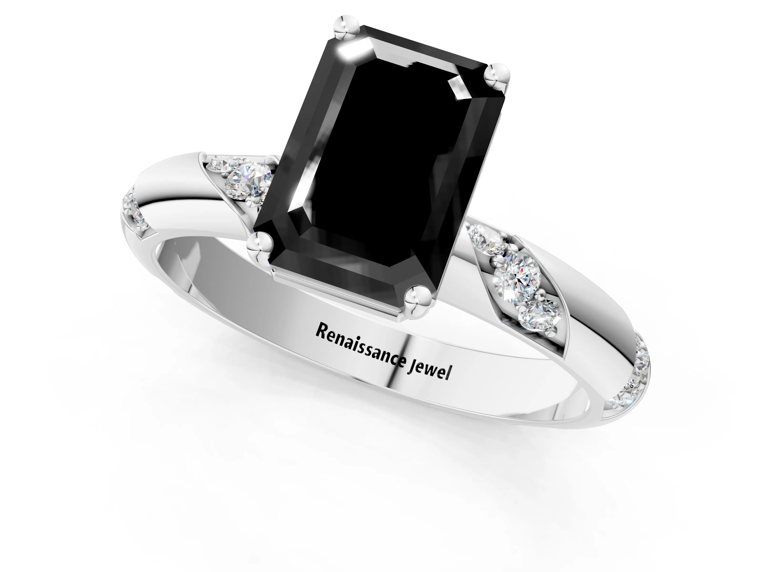 White gold Fancy Black Emerald Cut Solitaire Diamond Engagement Ring with Twisted Pave Band and Four-Prong Setting_20