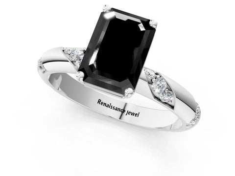 White gold Fancy Black Emerald Cut Solitaire Diamond Engagement Ring with Twisted Pave Band and Four-Prong Setting_20