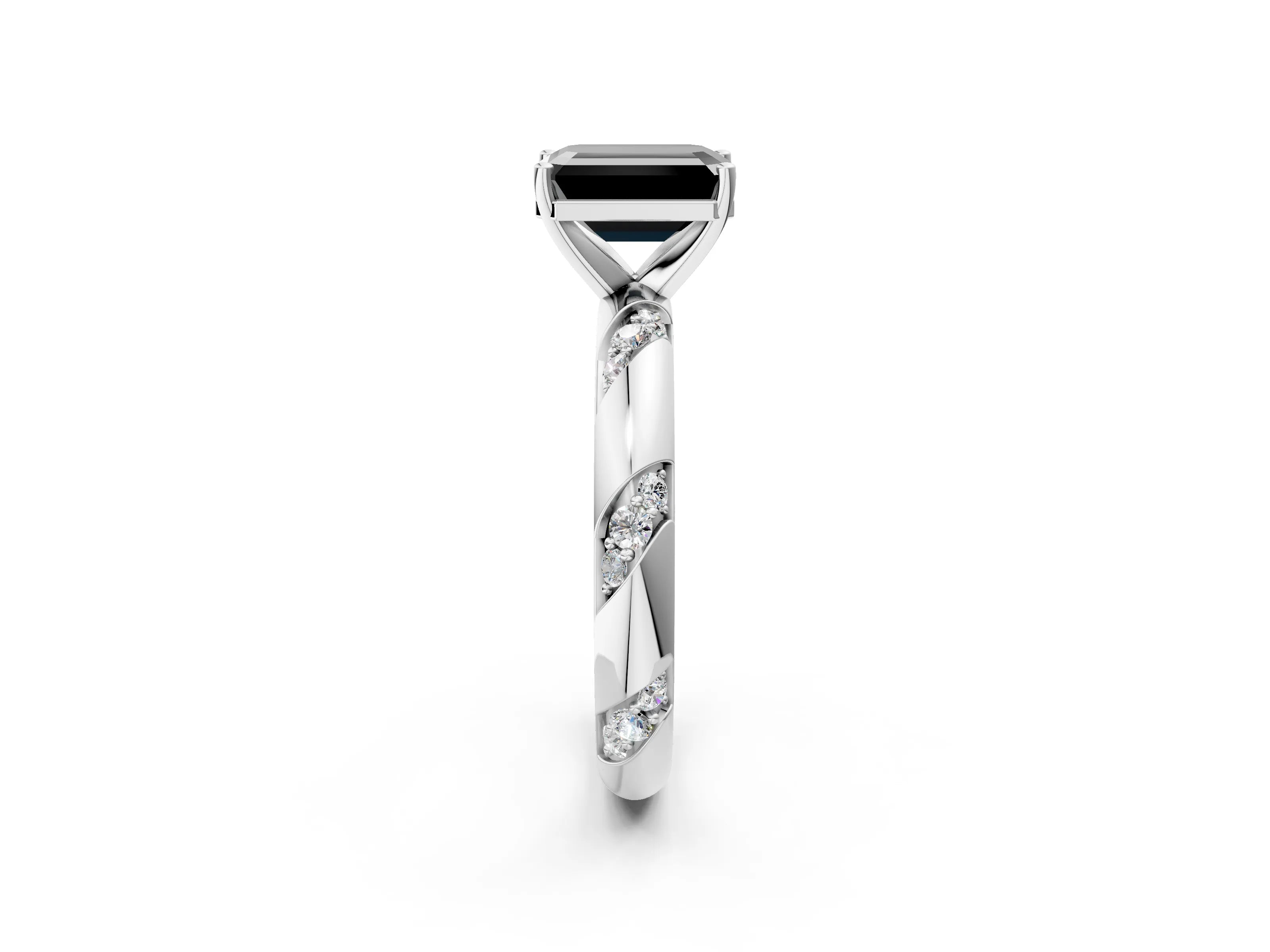 White gold Fancy Black Emerald Cut Solitaire Diamond Engagement Ring with Twisted Pave Band and Four-Prong Setting_21