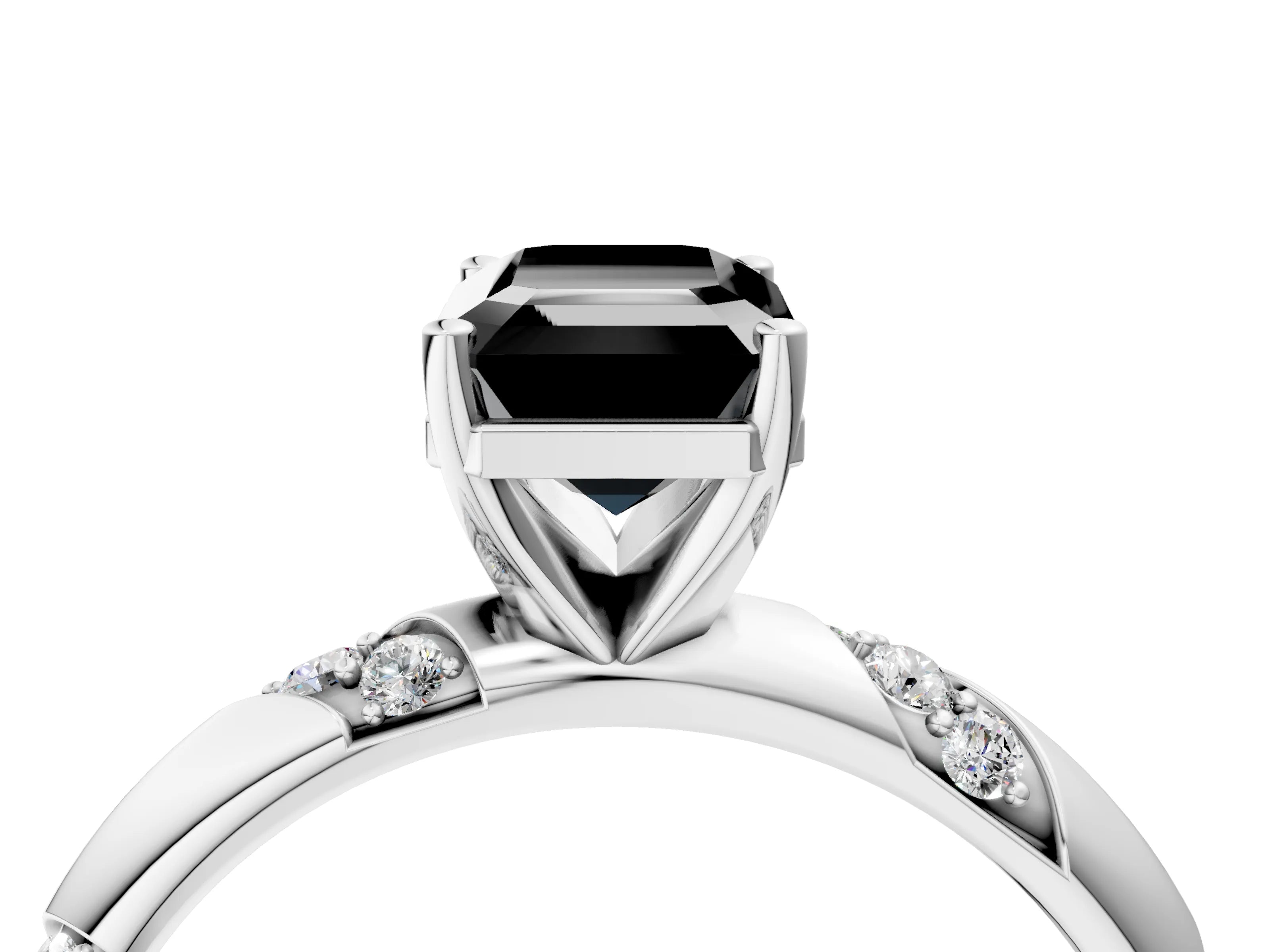 White gold Fancy Black Emerald Cut Solitaire Diamond Engagement Ring with Twisted Pave Band and Four-Prong Setting_23