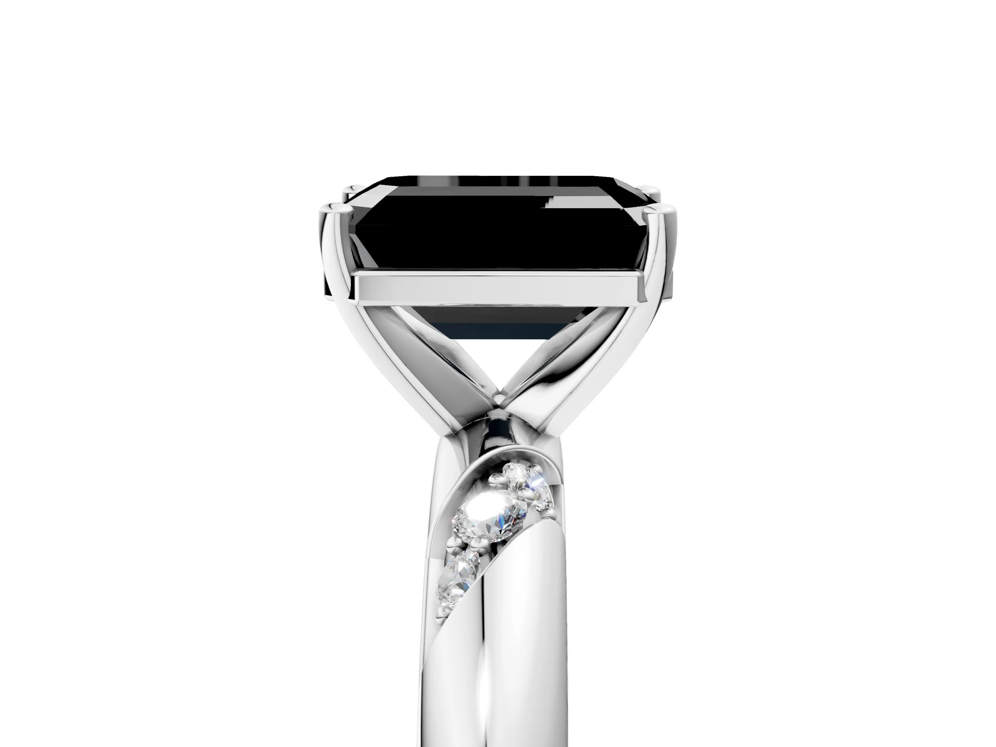 White gold Fancy Black Emerald Cut Solitaire Diamond Engagement Ring with Twisted Pave Band and Four-Prong Setting_24