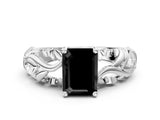 White gold Fancy Black Emerald Cut Solitaire Diamond Leaf-Inspired Vine Band Ring with Prong Setting