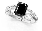 White gold Fancy Black Emerald Cut Solitaire Diamond Leaf-Inspired Vine Band Ring with Prong Setting_1
