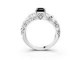 White gold Fancy Black Emerald Cut Solitaire Diamond Leaf-Inspired Vine Band Ring with Prong Setting_3