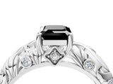 White gold Fancy Black Emerald Cut Solitaire Diamond Leaf-Inspired Vine Band Ring with Prong Setting_4