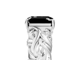 White gold Fancy Black Emerald Cut Solitaire Diamond Leaf-Inspired Vine Band Ring with Prong Setting_5