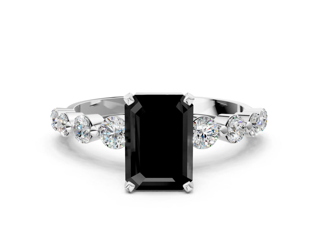 White gold Fancy Black Emerald Cut Solitaire Diamond Ring with Pave Band and Four-Prong Setting