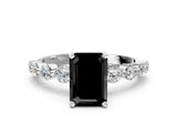 White gold Fancy Black Emerald Cut Solitaire Diamond Ring with Pave Band and Four-Prong Setting