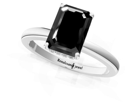White gold Fancy Black Emerald Cut Solitaire Diamond Ring with Prong Setting and Plain Band_25