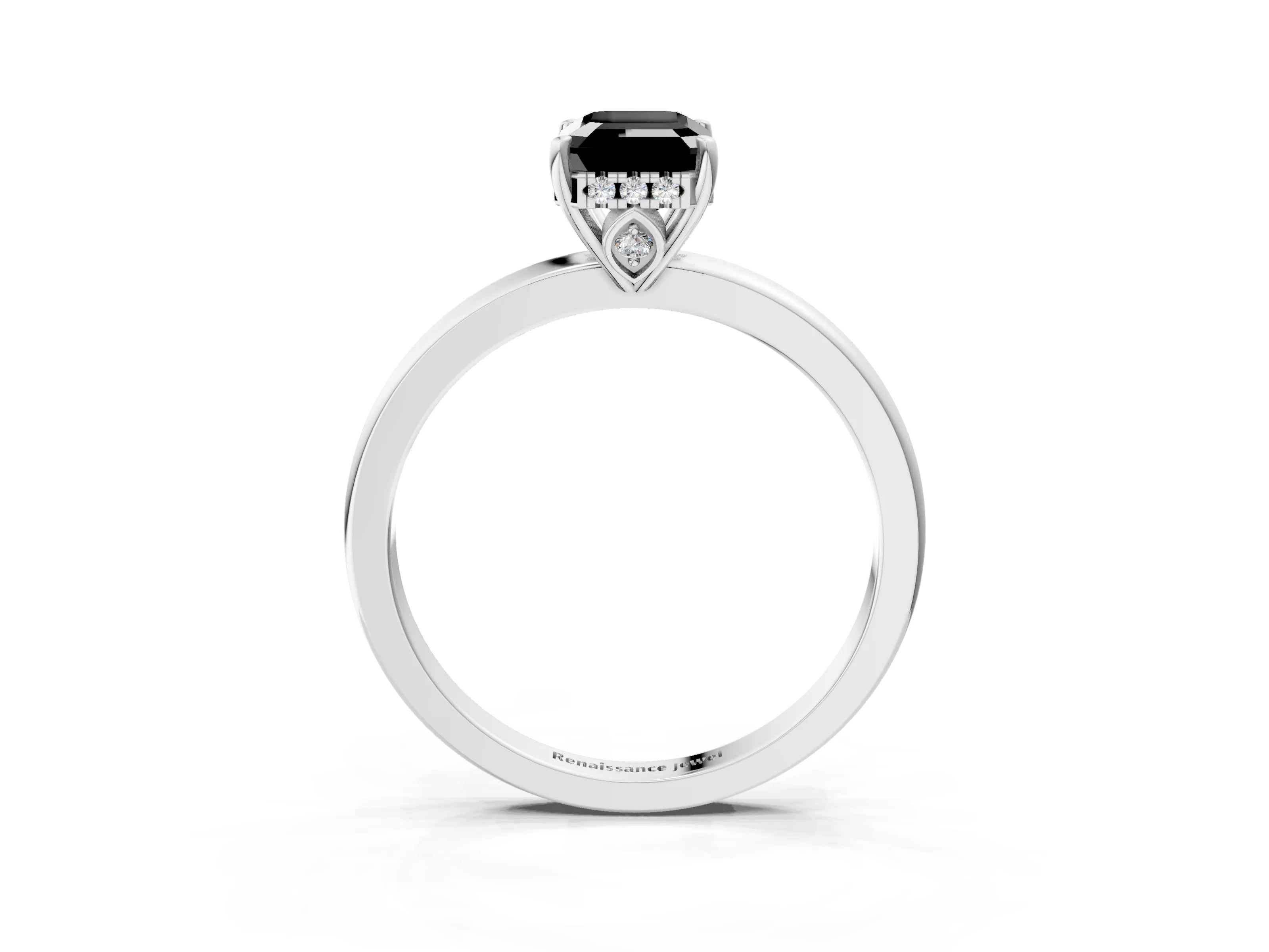 White gold Fancy Black Emerald Cut Solitaire Diamond Ring with Prong Setting and Plain Band_27