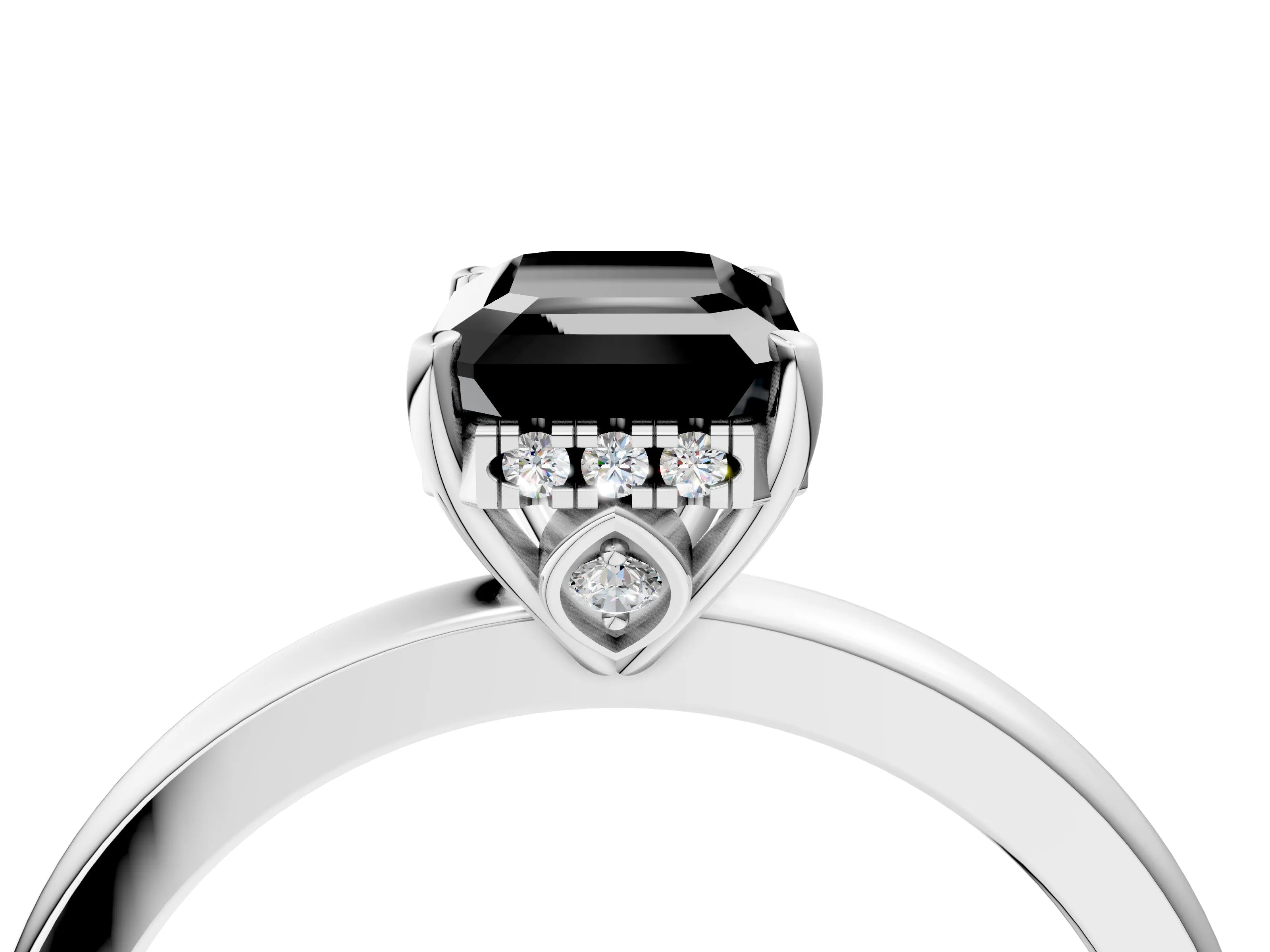 White gold Fancy Black Emerald Cut Solitaire Diamond Ring with Prong Setting and Plain Band_28