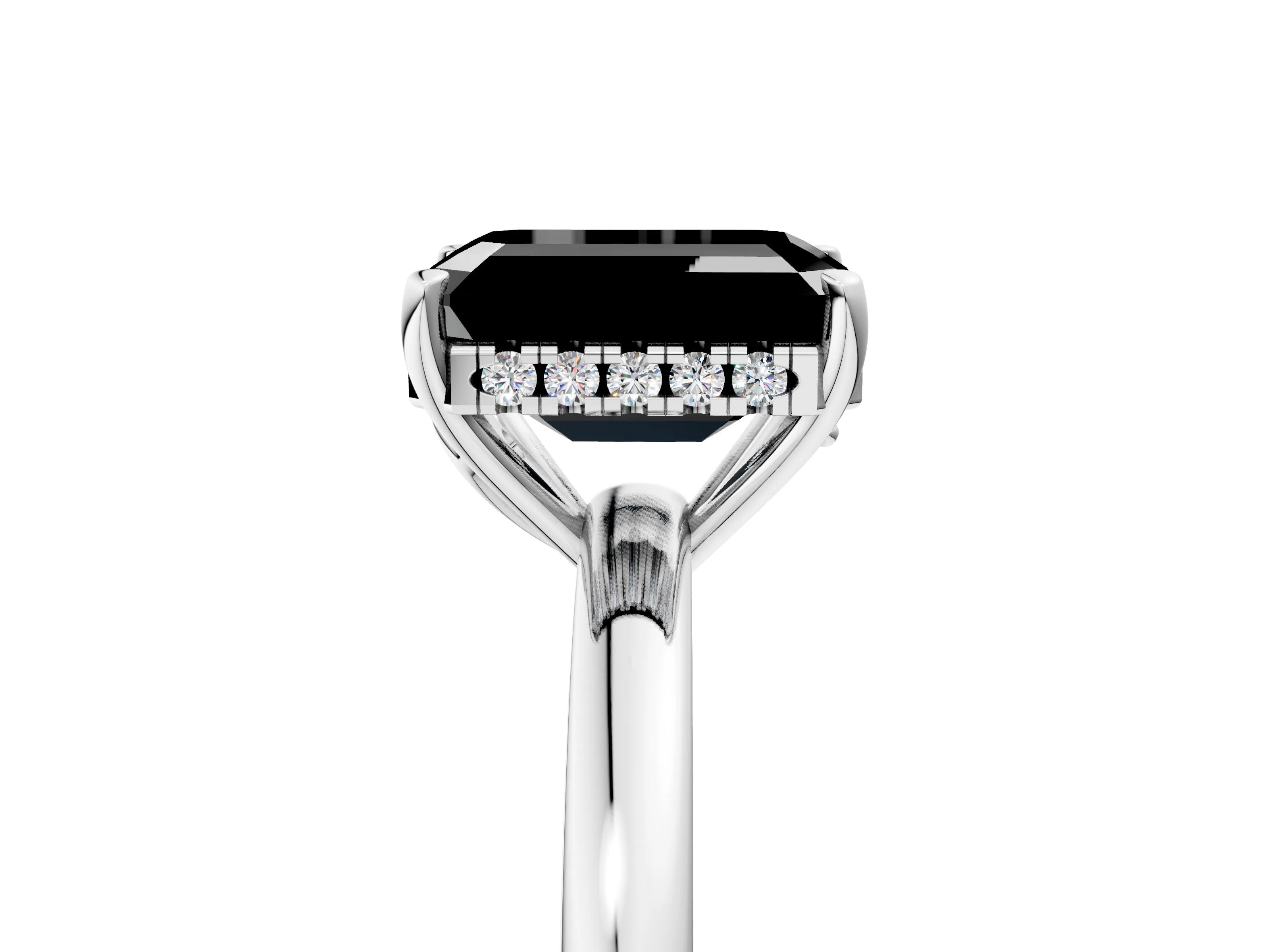 White gold Fancy Black Emerald Cut Solitaire Diamond Ring with Prong Setting and Plain Band_29