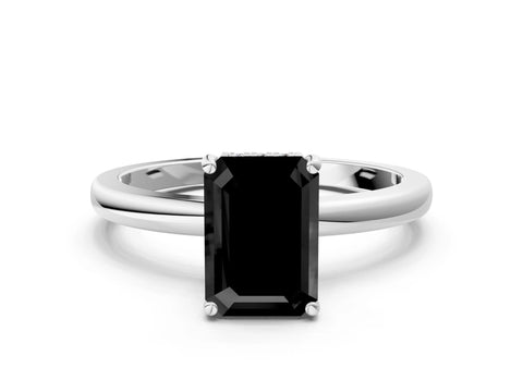 White gold Fancy Black Emerald Cut Solitaire Diamond Ring with Prong Setting and Plain Band_36
