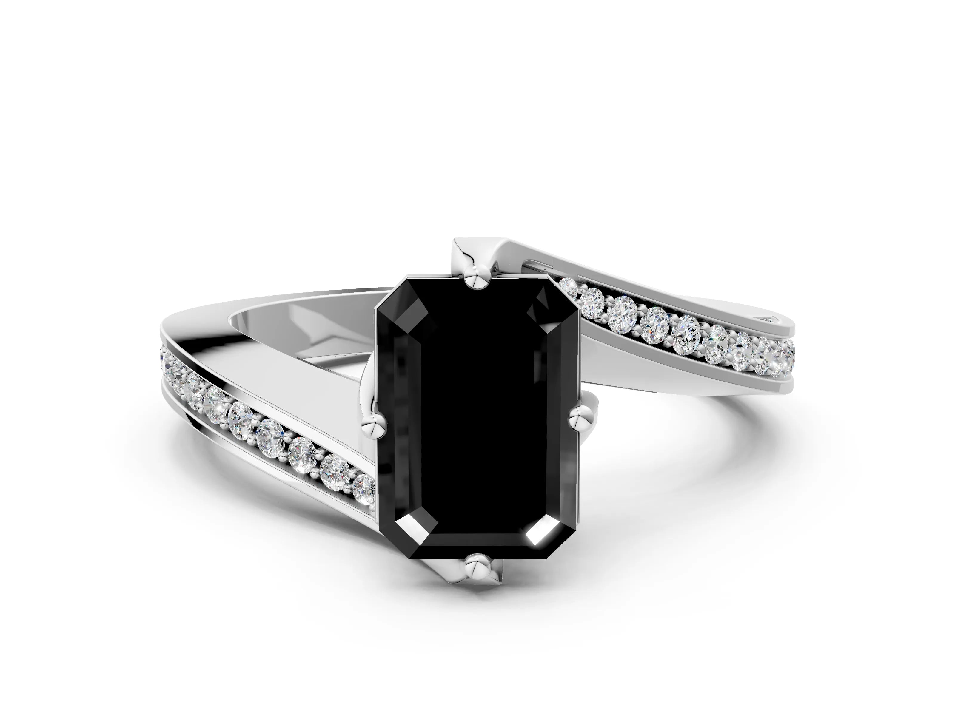 White gold Fancy Black Emerald Cut Solitaire Diamond Twist Band with Pavé Setting and Four-Prong Setting_12