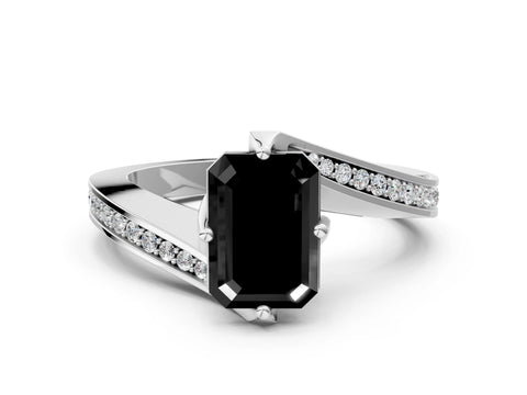 White gold Fancy Black Emerald Cut Solitaire Diamond Twist Band with Pavé Setting and Four-Prong Setting_12