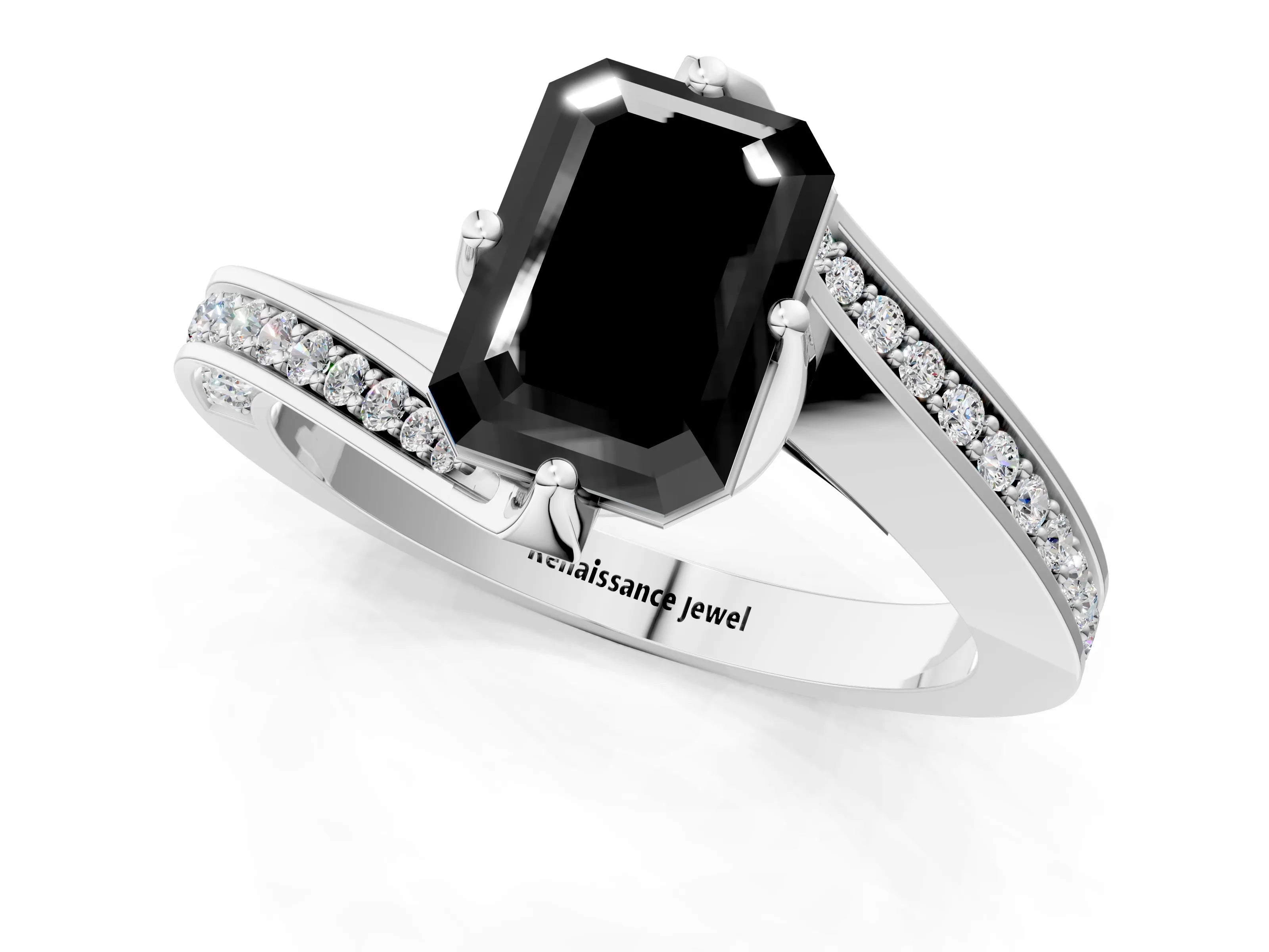 White gold Fancy Black Emerald Cut Solitaire Diamond Twist Band with Pavé Setting and Four-Prong Setting_13