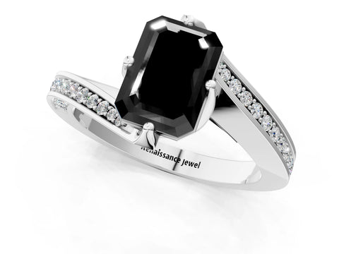 White gold Fancy Black Emerald Cut Solitaire Diamond Twist Band with Pavé Setting and Four-Prong Setting_13