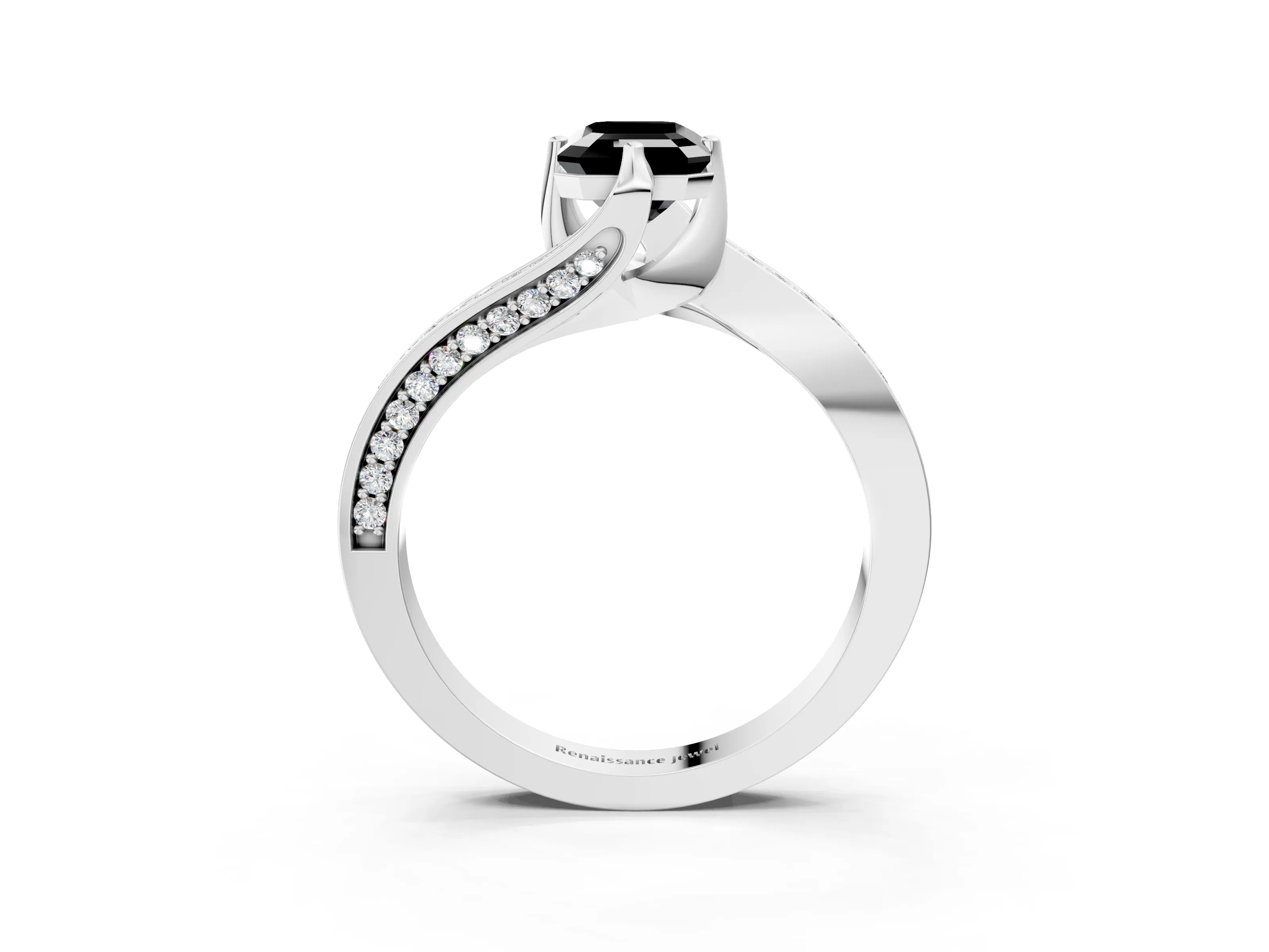 White gold Fancy Black Emerald Cut Solitaire Diamond Twist Band with Pavé Setting and Four-Prong Setting_15