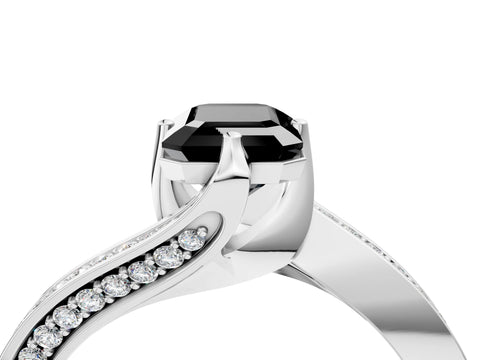 White gold Fancy Black Emerald Cut Solitaire Diamond Twist Band with Pavé Setting and Four-Prong Setting_16