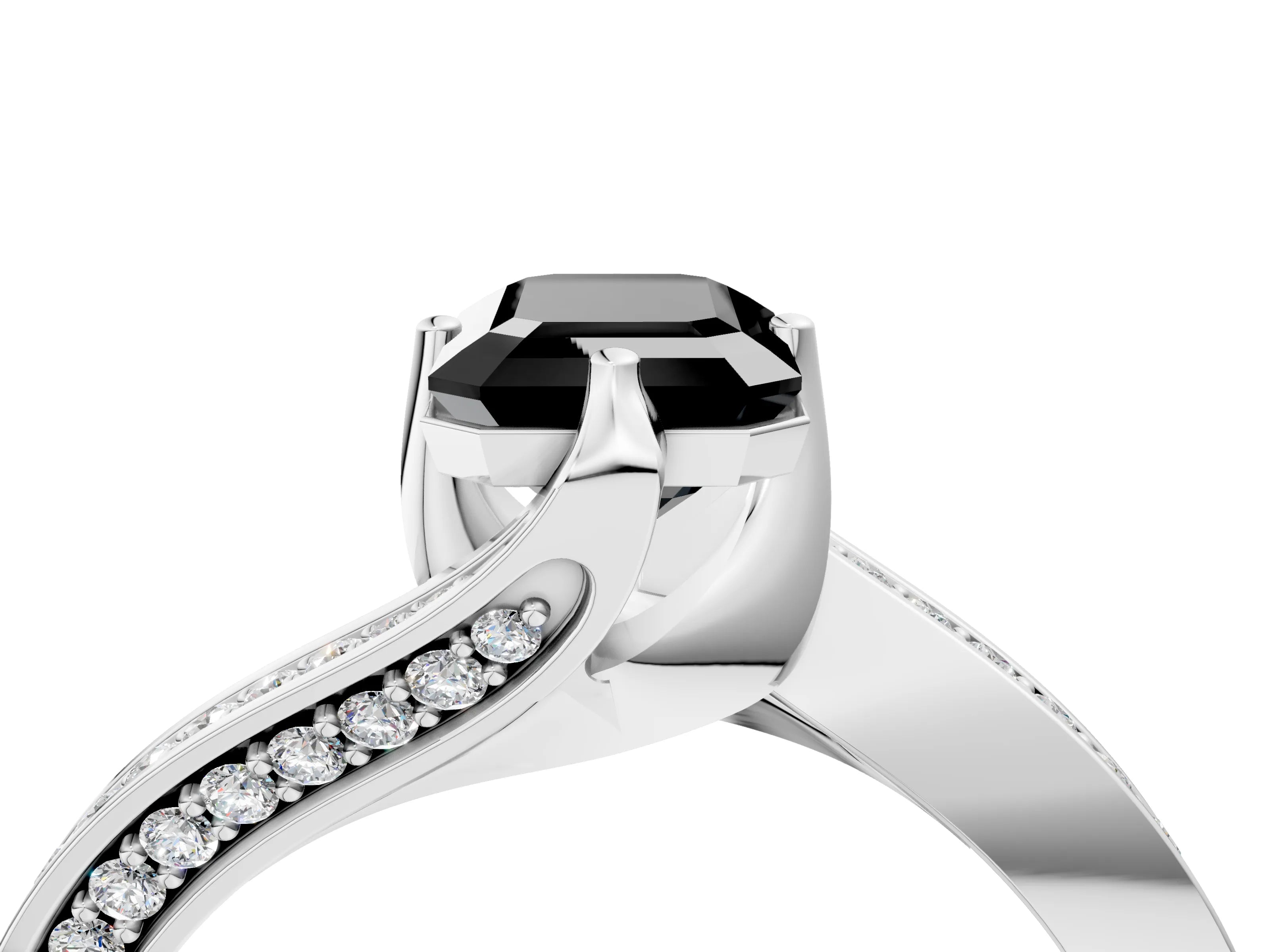 White gold Fancy Black Emerald Cut Solitaire Diamond Twist Band with Pavé Setting and Four-Prong Setting_16