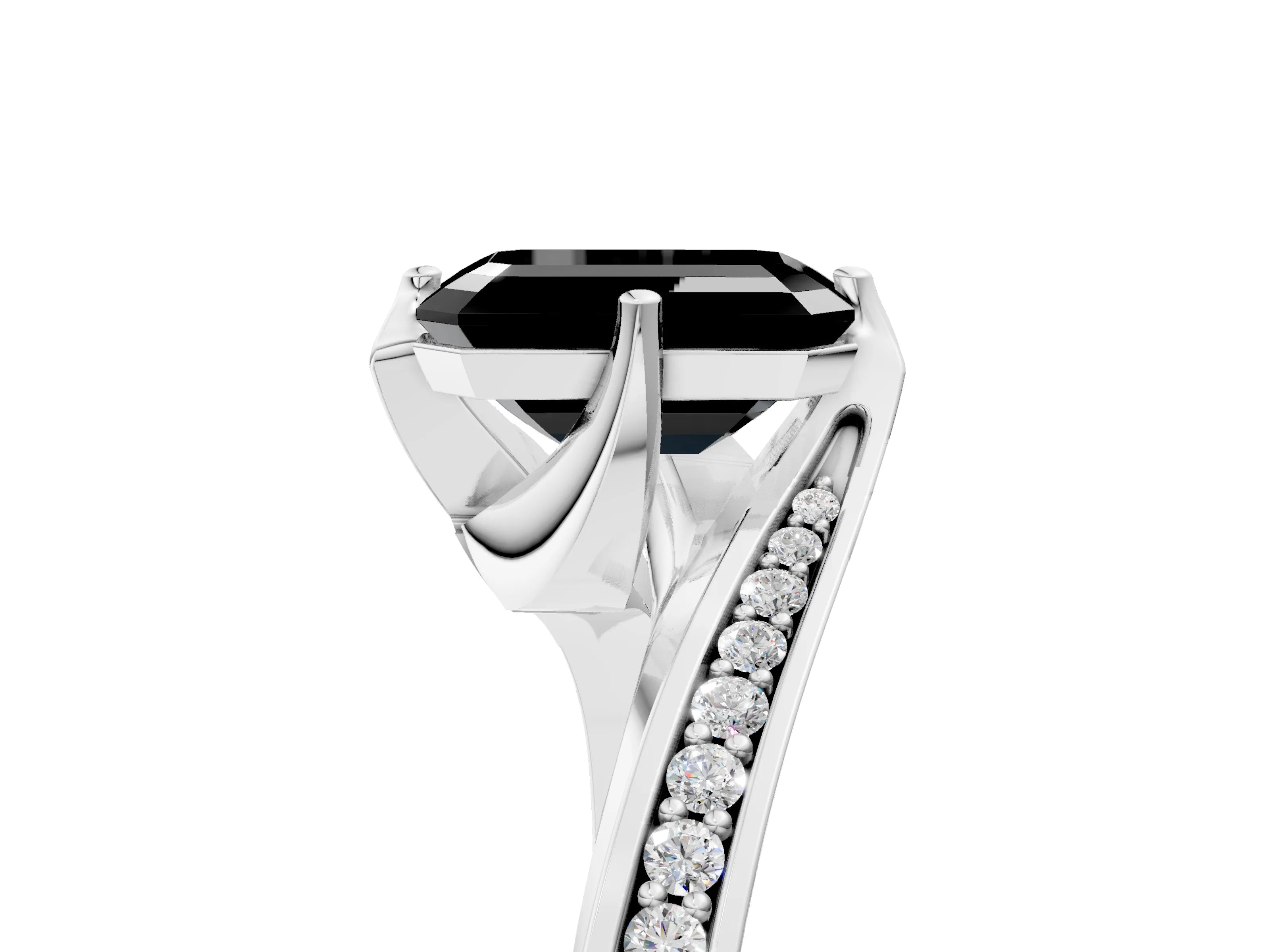 White gold Fancy Black Emerald Cut Solitaire Diamond Twist Band with Pavé Setting and Four-Prong Setting_5