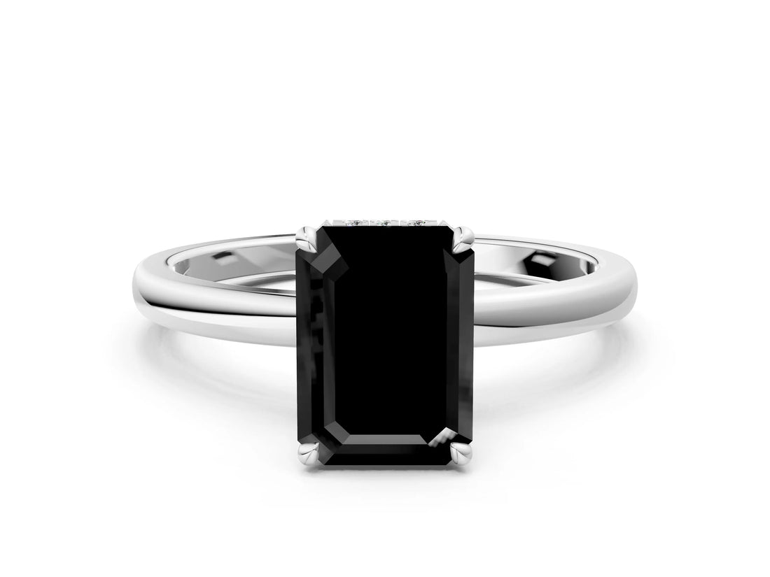 White gold Fancy Black Emerald Cut Solitaire Engagement Ring with Cathedral Band and Four-Prong Setting