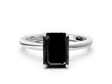 White gold Fancy Black Emerald Cut Solitaire Engagement Ring with Cathedral Band and Four-Prong Setting