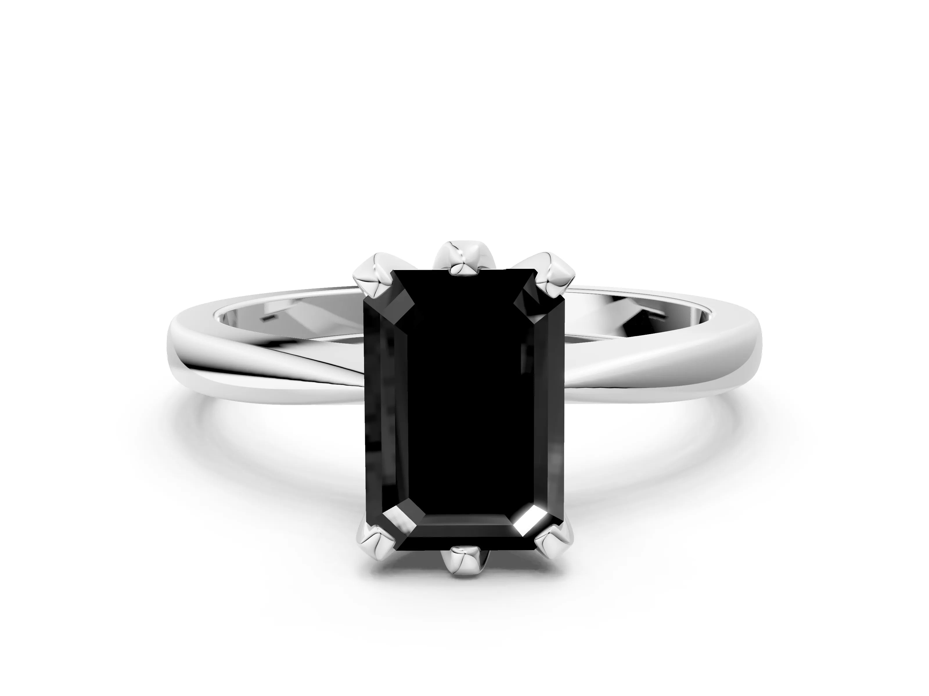 White gold Fancy Black Emerald Cut Solitaire Engagement Ring with Six-Prong Setting and Tapered Band