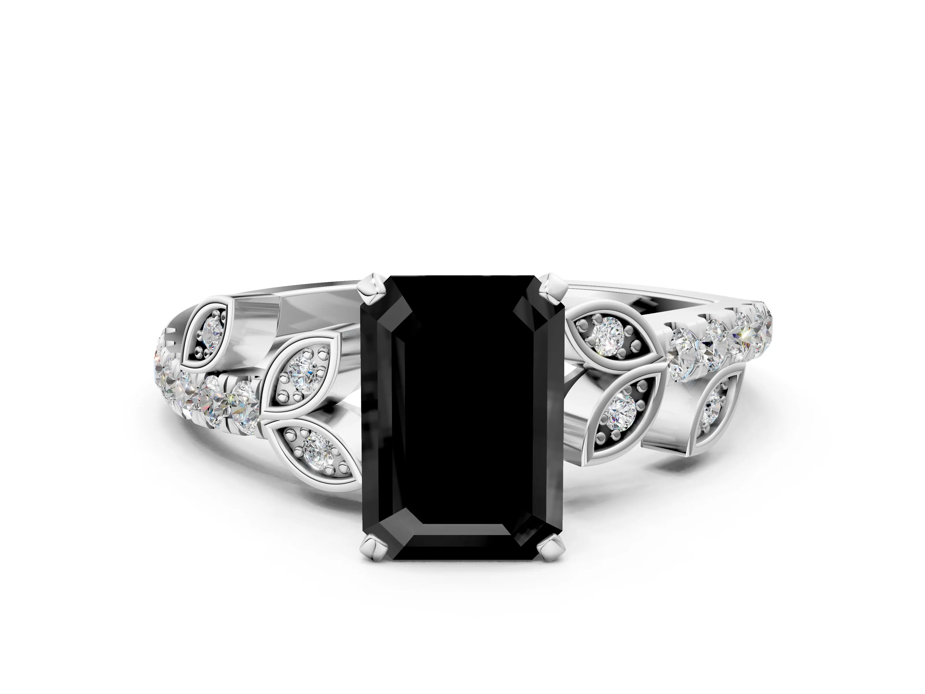 White gold Fancy Black Emerald Cut Solitaire Leaf-Inspired Diamond Ring with Pavé Band and Four-Prong Setting_12