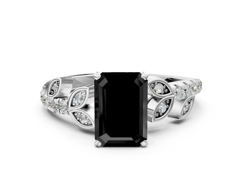 White gold Fancy Black Emerald Cut Solitaire Leaf-Inspired Diamond Ring with Pavé Band and Four-Prong Setting_12