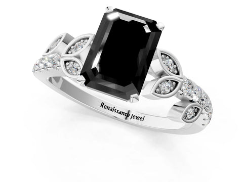 White gold Fancy Black Emerald Cut Solitaire Leaf-Inspired Diamond Ring with Pavé Band and Four-Prong Setting_13
