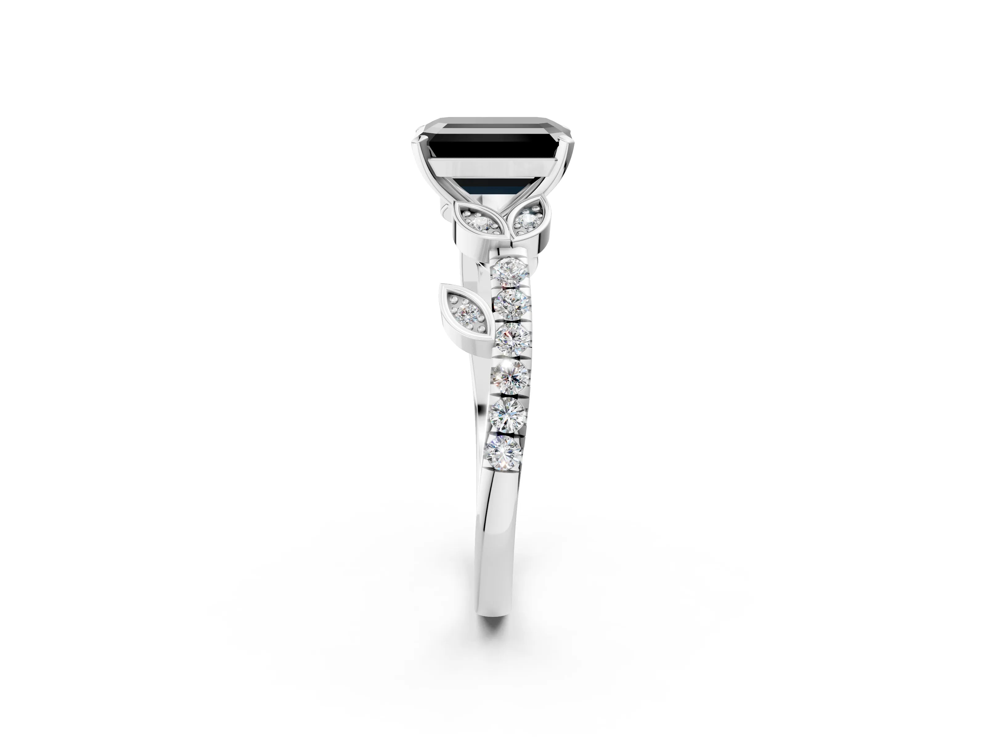 White gold Fancy Black Emerald Cut Solitaire Leaf-Inspired Diamond Ring with Pavé Band and Four-Prong Setting_14