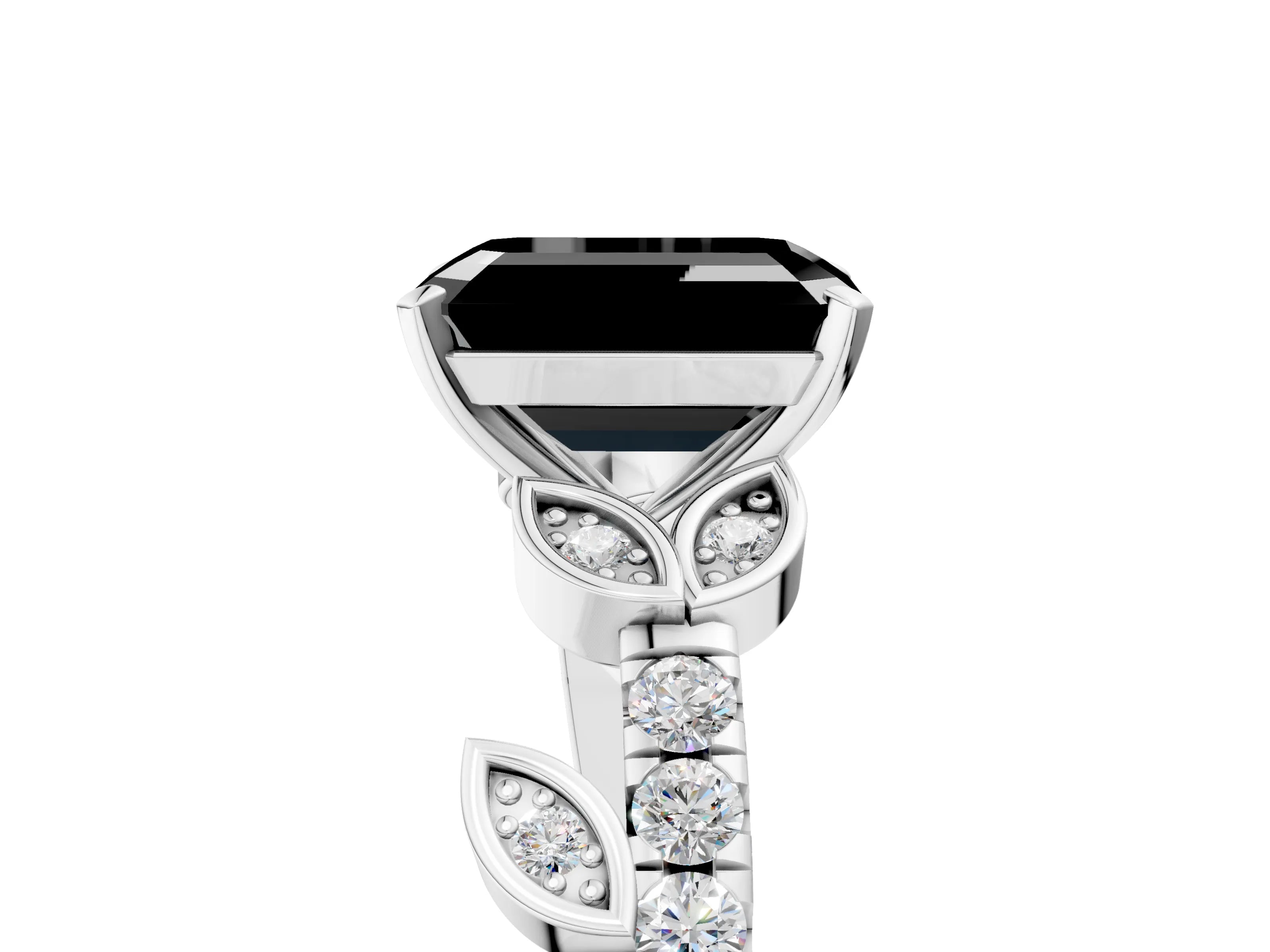 White gold Fancy Black Emerald Cut Solitaire Leaf-Inspired Diamond Ring with Pavé Band and Four-Prong Setting_17