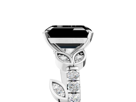 White gold Fancy Black Emerald Cut Solitaire Leaf-Inspired Diamond Ring with Pavé Band and Four-Prong Setting_17