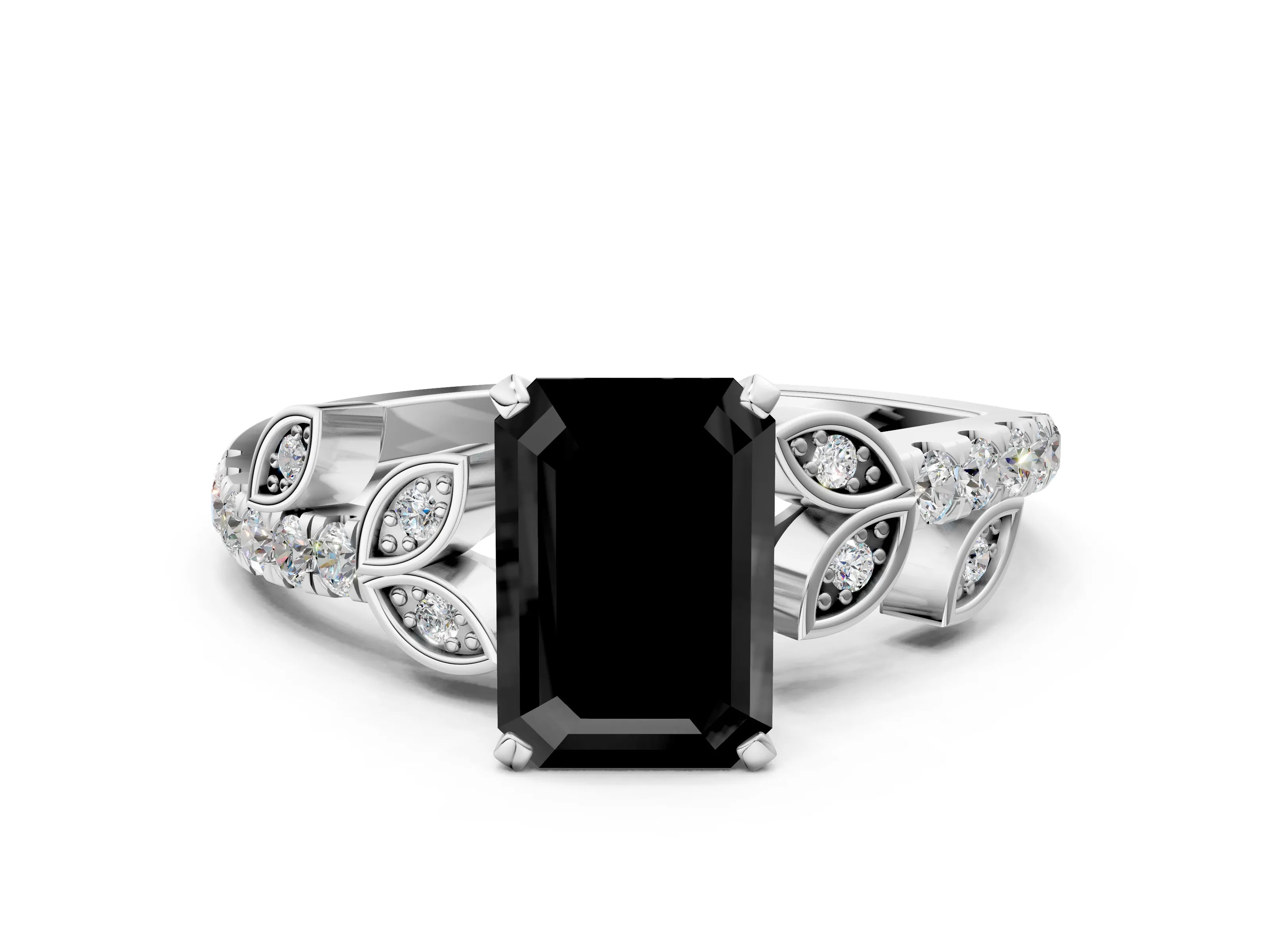 White gold Fancy Black Emerald Cut Solitaire Leaf-Inspired Diamond Ring with Pavé Band and Four-Prong Setting_24