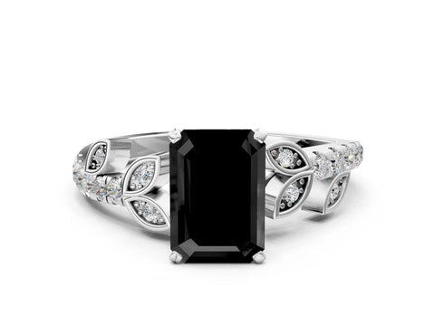 White gold Fancy Black Emerald Cut Solitaire Leaf-Inspired Diamond Ring with Pavé Band and Four-Prong Setting_24
