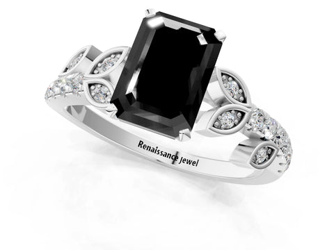 White gold Fancy Black Emerald Cut Solitaire Leaf-Inspired Diamond Ring with Pavé Band and Four-Prong Setting_25