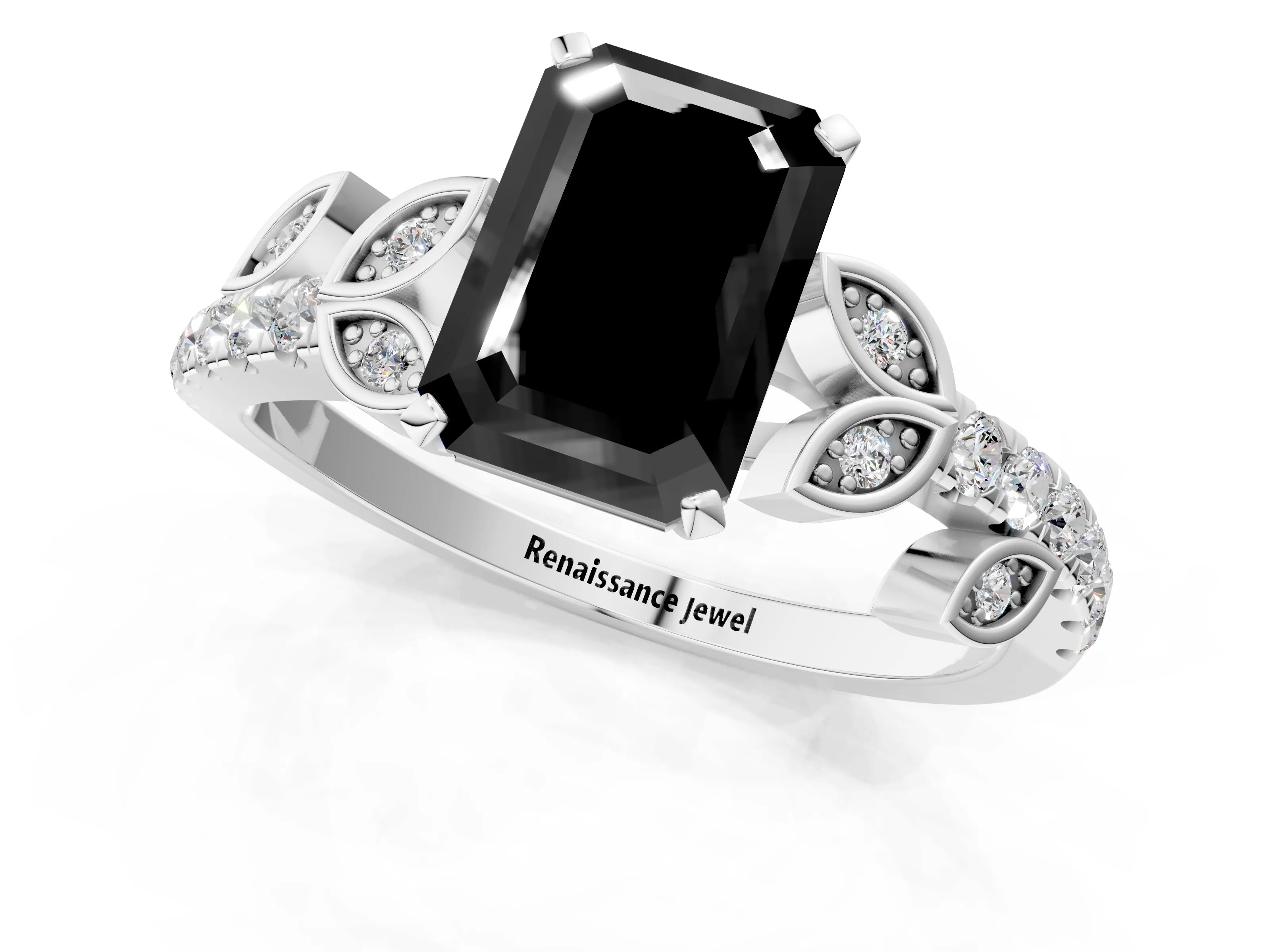 White gold Fancy Black Emerald Cut Solitaire Leaf-Inspired Diamond Ring with Pavé Band and Four-Prong Setting_25