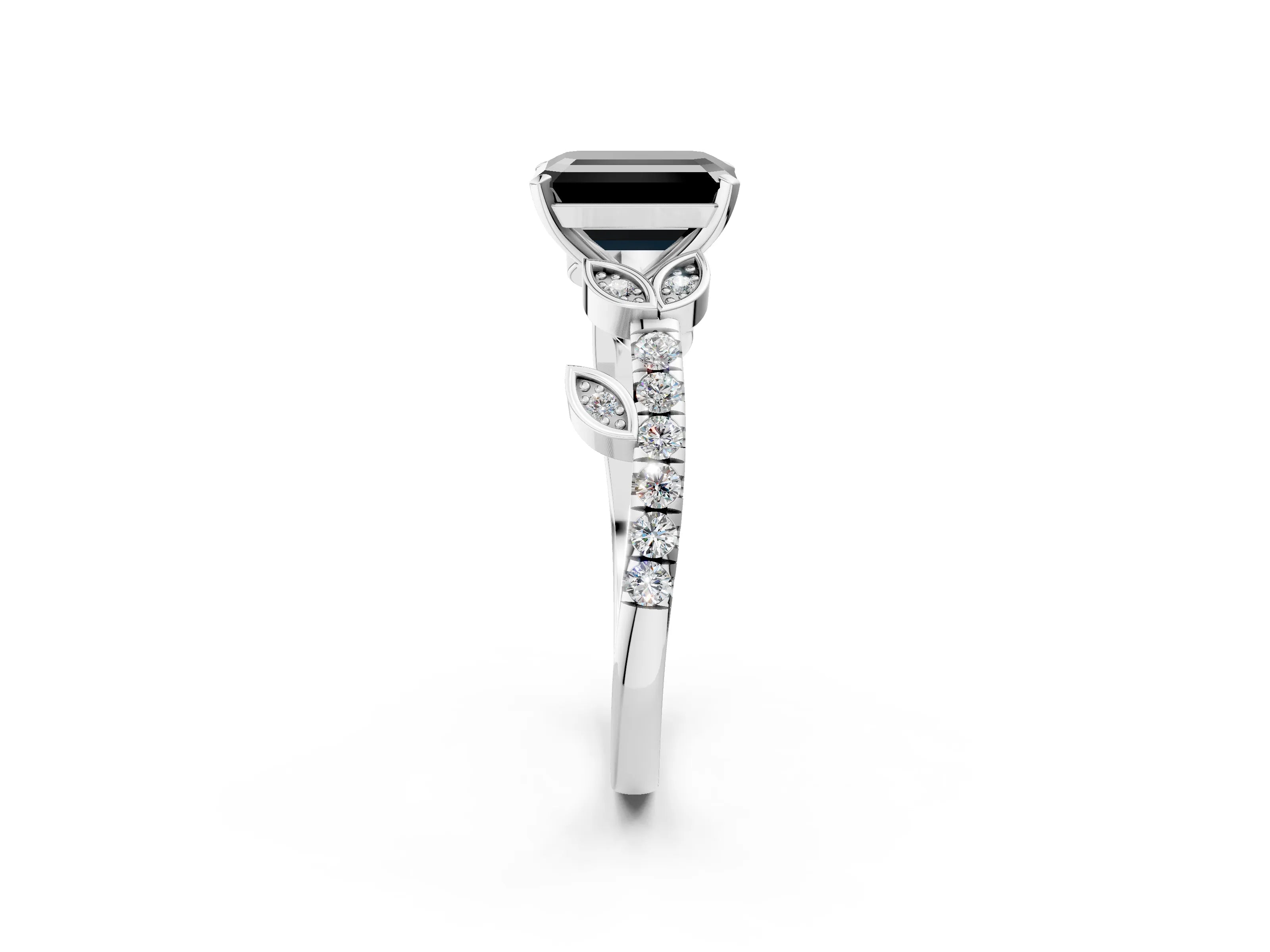 White gold Fancy Black Emerald Cut Solitaire Leaf-Inspired Diamond Ring with Pavé Band and Four-Prong Setting_26
