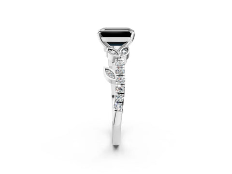 White gold Fancy Black Emerald Cut Solitaire Leaf-Inspired Diamond Ring with Pavé Band and Four-Prong Setting_26