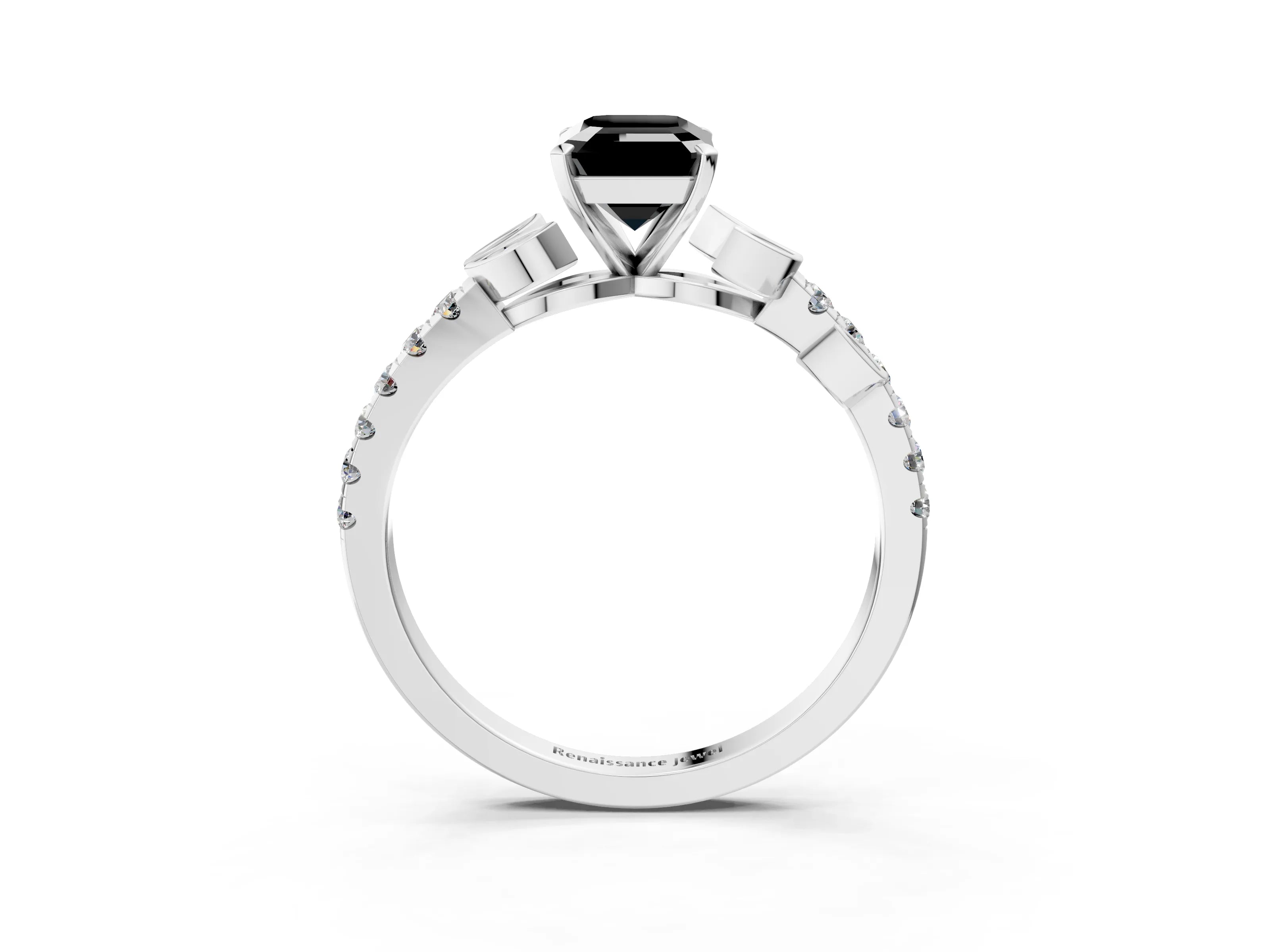 White gold Fancy Black Emerald Cut Solitaire Leaf-Inspired Diamond Ring with Pavé Band and Four-Prong Setting_27
