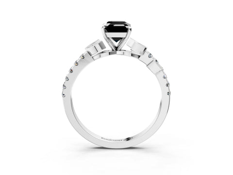 White gold Fancy Black Emerald Cut Solitaire Leaf-Inspired Diamond Ring with Pavé Band and Four-Prong Setting_27