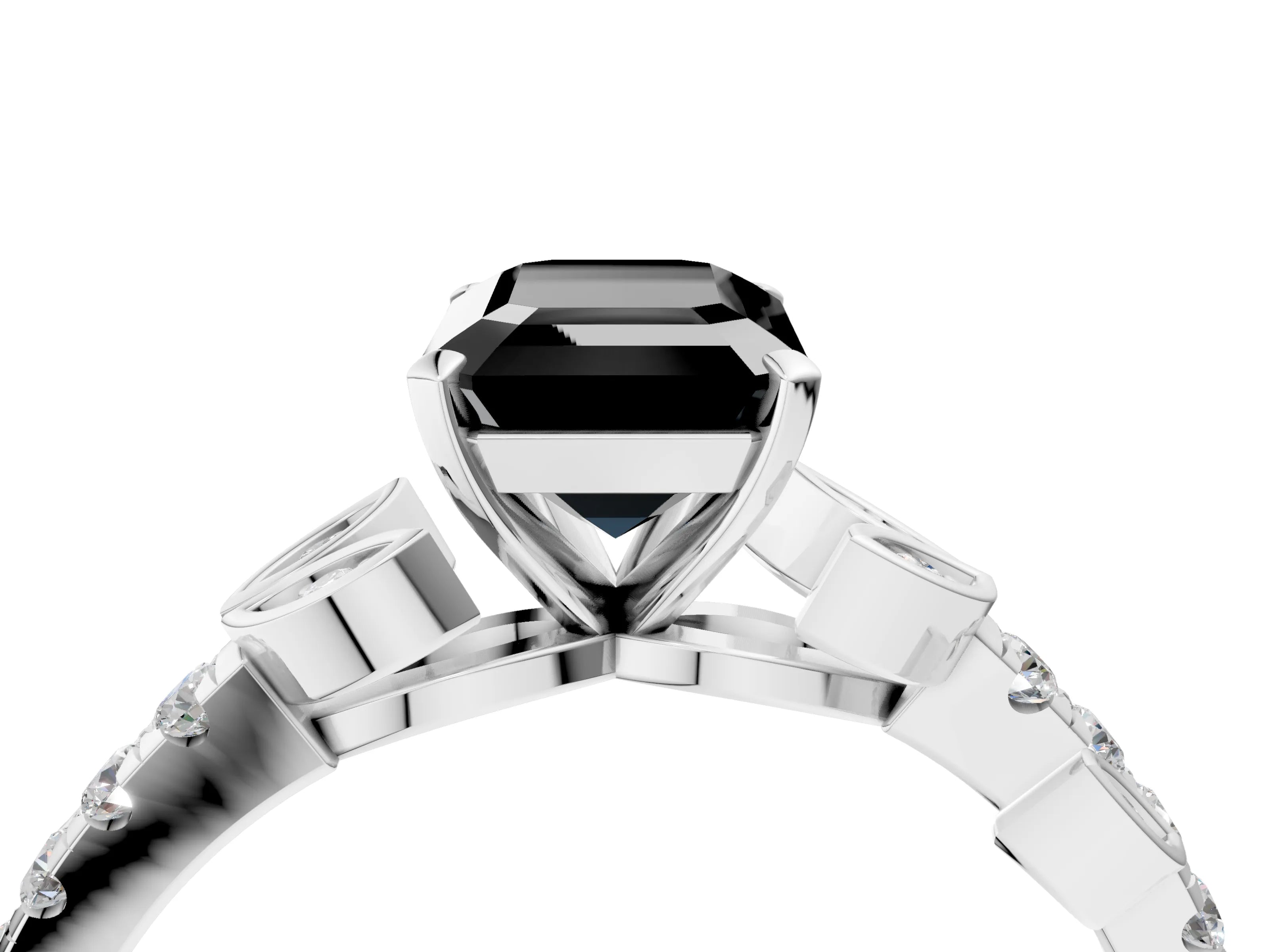 White gold Fancy Black Emerald Cut Solitaire Leaf-Inspired Diamond Ring with Pavé Band and Four-Prong Setting_28