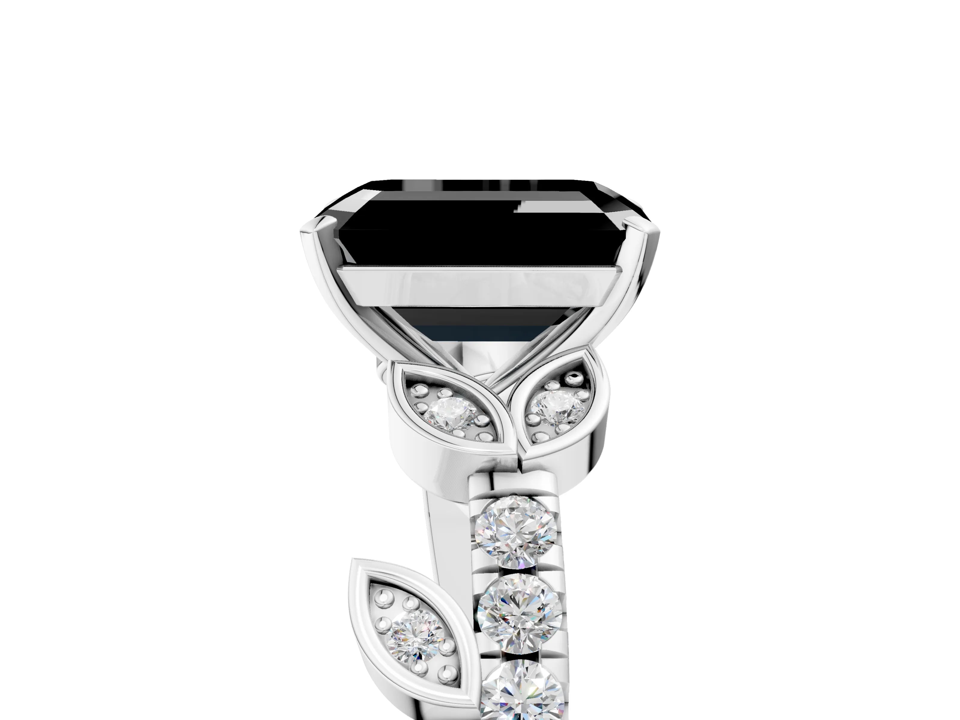 White gold Fancy Black Emerald Cut Solitaire Leaf-Inspired Diamond Ring with Pavé Band and Four-Prong Setting_29