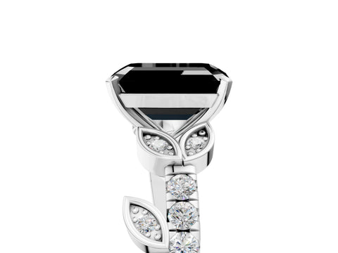 White gold Fancy Black Emerald Cut Solitaire Leaf-Inspired Diamond Ring with Pavé Band and Four-Prong Setting_29