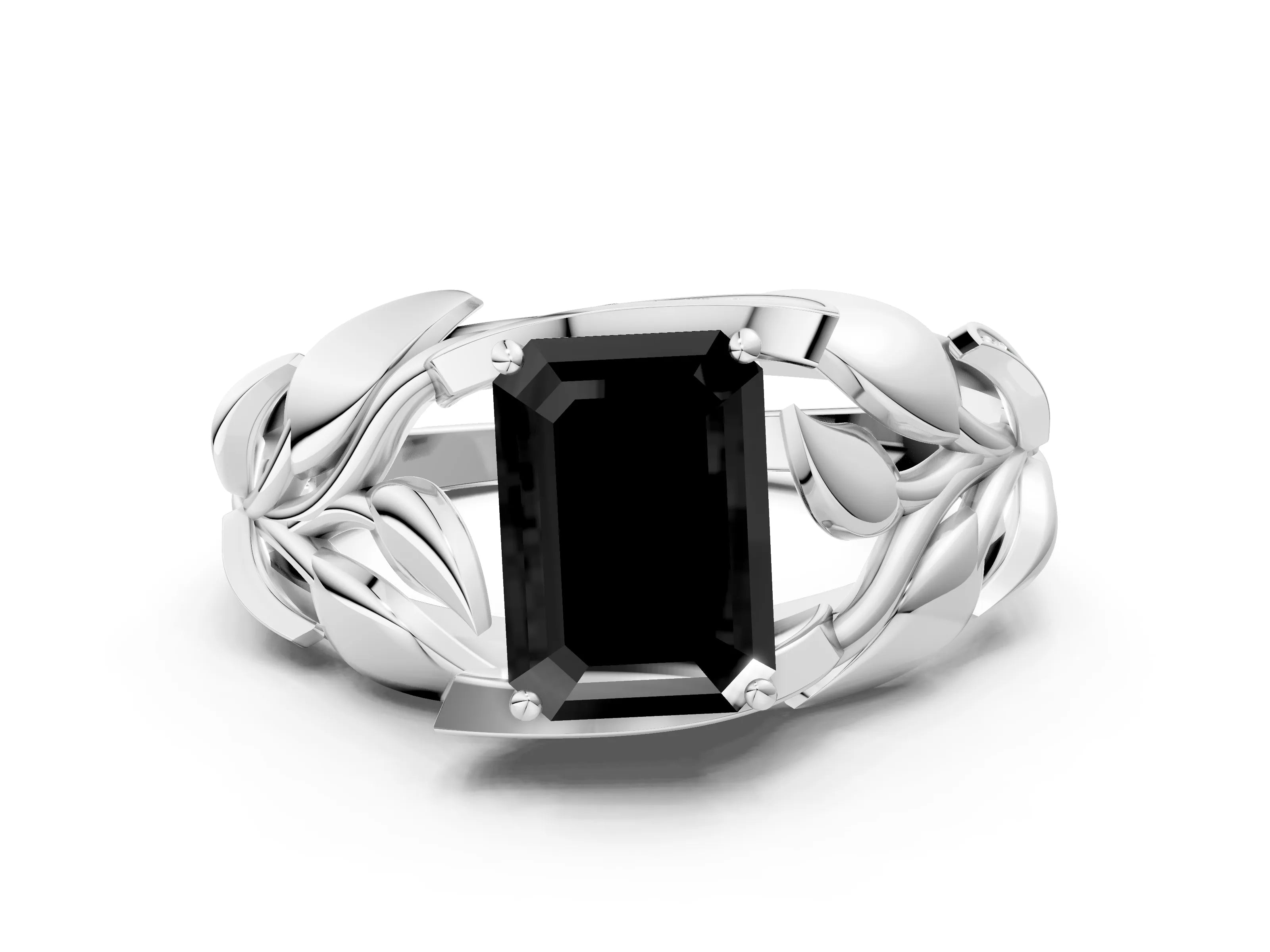 White gold Fancy Black Emerald Cut Solitaire Leaf-Inspired Engagement Ring with Prong Setting