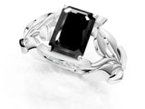 White gold Fancy Black Emerald Cut Solitaire Leaf-Inspired Engagement Ring with Prong Setting_13