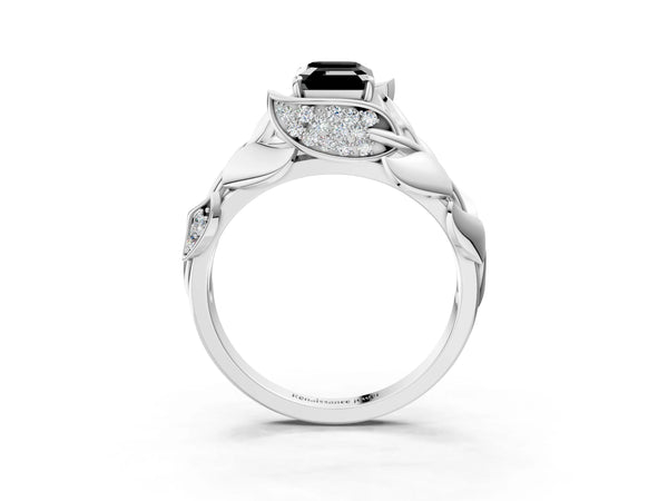 Platinum Emerald Cut Leaf Bypass Engagement Ring Setting for Black Center with Pave Leaf Panels